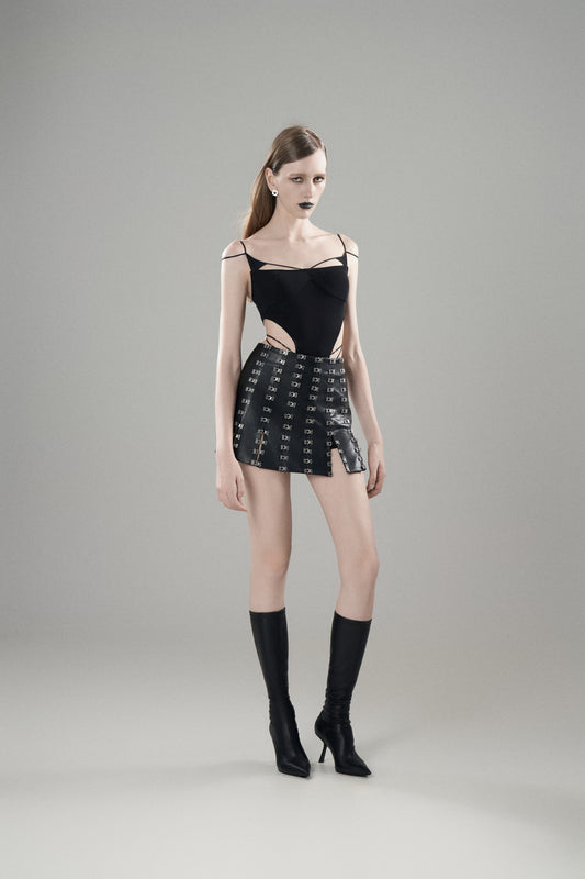 METAL BUCKLE EMBELLISHED LEATHER SKIRT