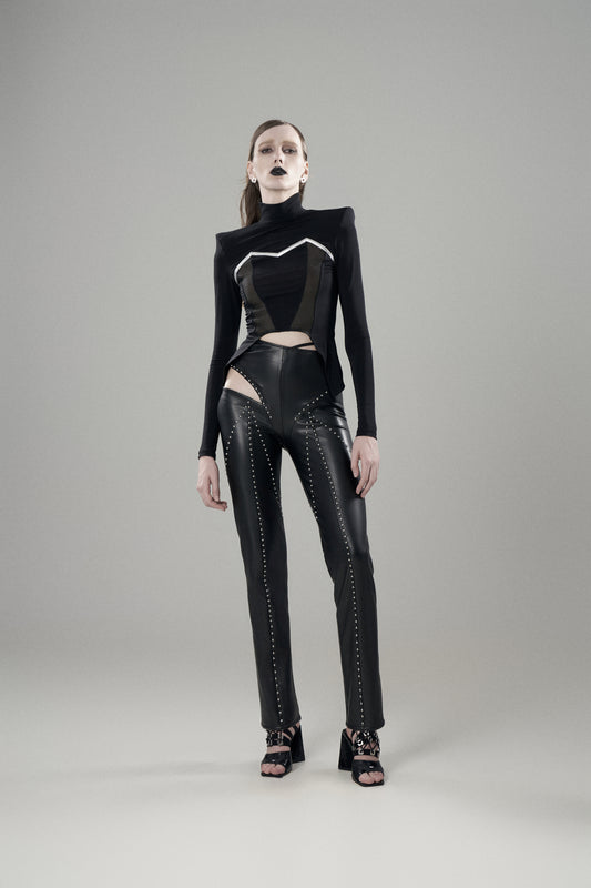 STUDDED STRAIGHT-LEG LEATHER PANTS