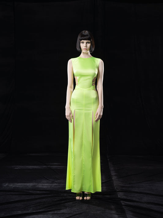 NEON GREEN TAILORED. MIDI DRESS WITH CUT-OUTS