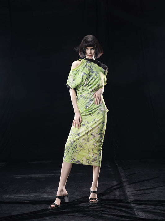 NEON GREEN PRINTED. MIDI. DRESS WITH TWO LAYERS(MULTTWAY WEARING)