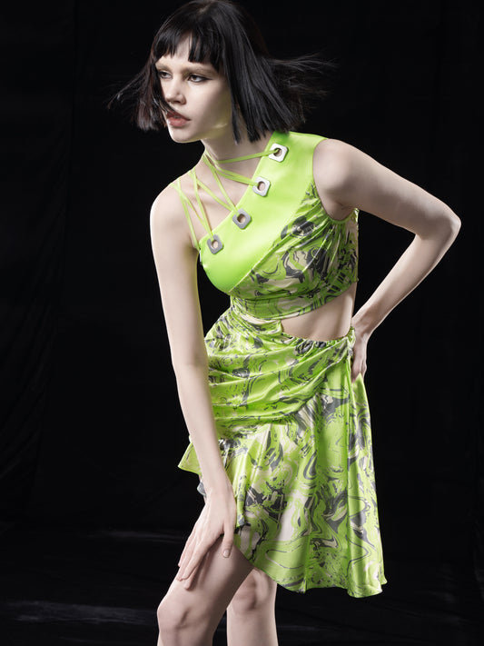 NEON GREEN PRINTED DRAPED DRESS WITH TIED. DETAIL