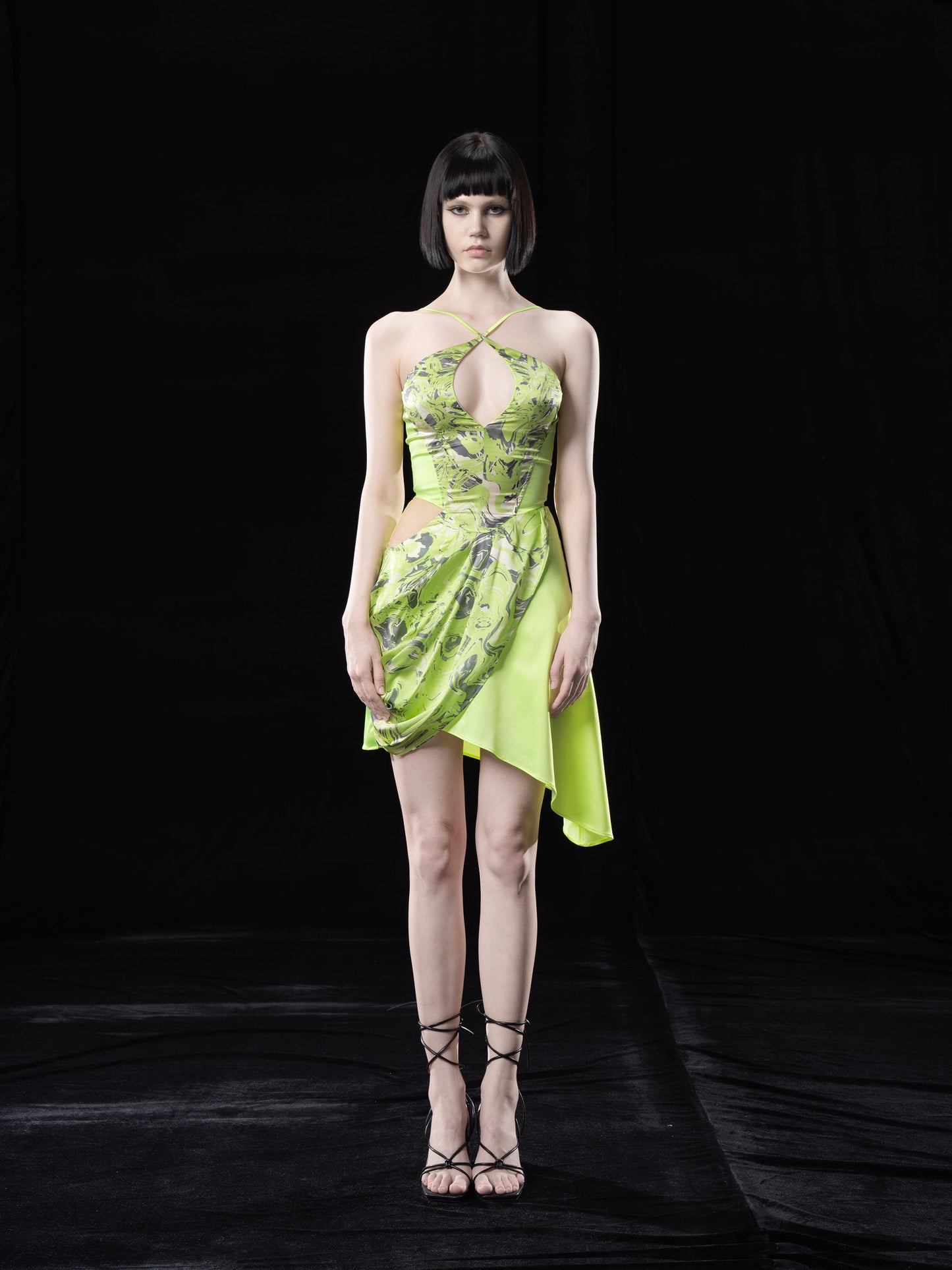 NEON GREEN PRINTED HALTERNECK DRAPED DRESS WITH CUT-OUTS