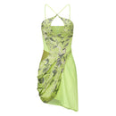 NEON GREEN PRINTED HALTERNECK DRAPED DRESS WITH CUT-OUTS