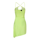 NEON GREEN PRINTED HALTERNECK DRAPED DRESS WITH CUT-OUTS