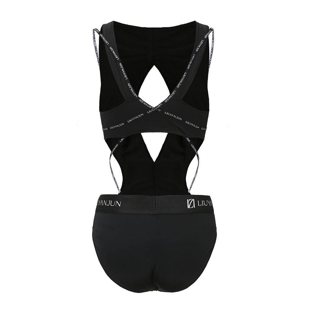 BLACK SWIMSUIT WITH STRAPS AND CUT-OUTS