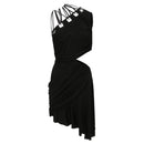 BLACK DRAPED DRESS WITH CUT-OUTS. ANND TIED DETAIL