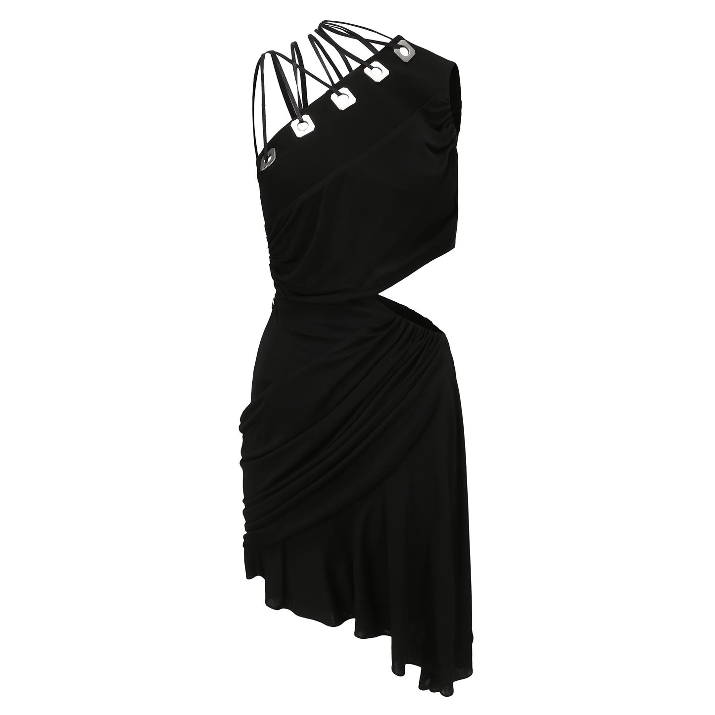 BLACK DRAPED DRESS WITH CUT-OUTS. ANND TIED DETAIL