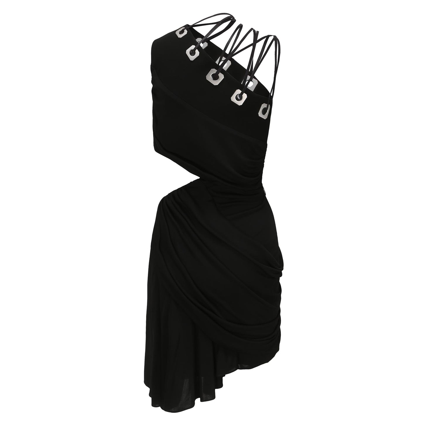 BLACK DRAPED DRESS WITH CUT-OUTS. ANND TIED DETAIL