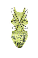 NEON GREEN PRINTED SWIMSUIT WITH STRAPS AND CUT-OUTS