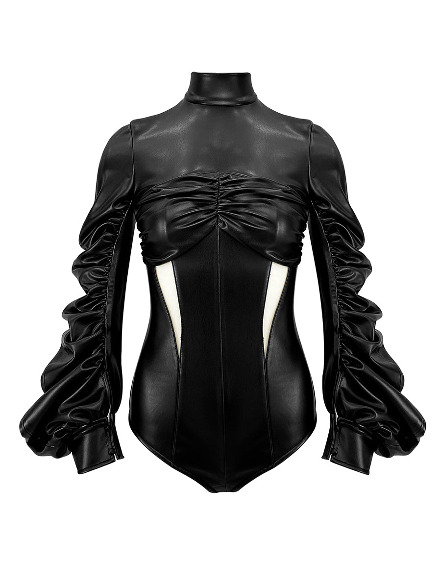 GATHERED FAUX LEATHER BODY SUIT